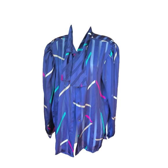 VTG ABSTRACT BLUE SHEER BLOUSE - Picture 2 of 4